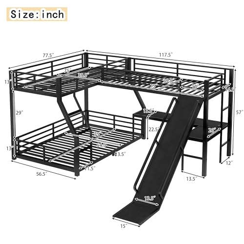 Harper & Bright Designs Triple Bunk Bed, L-Shaped Twin Over Full Bunk Bed with Twin Size Loft Bed,Metal Triple Bunk Bed with Slide and USB Ports for Apartments, Dormitories. (Black) Harper & Bright Designs
