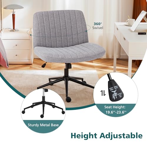 OLIXIS Criss Cross Chair with Wheels Wide Cross Legged Office Desk Vanity Chair Comfy Fabric Armless Adjustable Swivel for Home Computer Task Gray OLIXIS