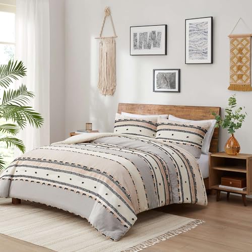 Hyde Lane Boho Queen Comforter Set, Modern Farmhouse Full Size Bedding, Cotton Top with Neutral Rustic Clipped Jacquard Stripes, Tufted Bed Sets, 3-Pieces Including Matching Pillow Shams (90" x 90") Hyde Lane