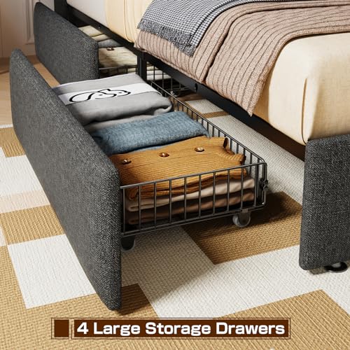 Driftalia King Size Bed Frame with 4 Storage Drawers, Upholstered King Bed Frame with Charging Station and LED Lights Headboard, No Box Spring Needed, Easy Assembly - Dark Grey Driftalia