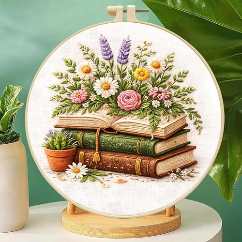 Zhenqing Books and Flowers Embroidery Kit for Beginners, Pre-Printed 29x29cm Cotton Fabric with 20cm Hoop, Literary and Nature Themed Design for Home Decor (JC0003)