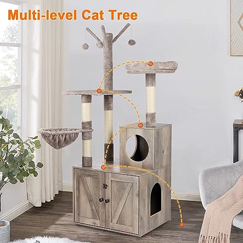 Timberer Litter Box Enclosure with Cat Tree, Wooden Cat House with Cat Tree Tower, Hidden Cat Litter Box Furniture with Scratching Post, Modern Cat Condo, Grey Timberer
