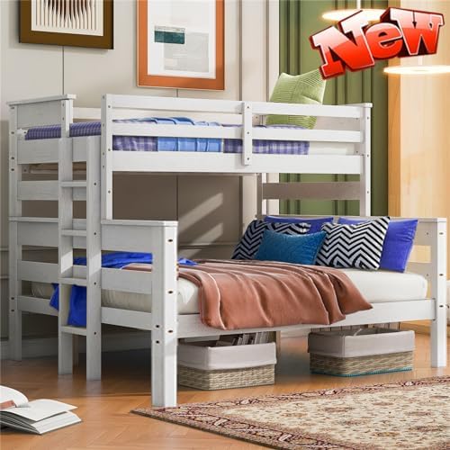 Kntyr Upgraded Version Thicken Solid Wood Twin XL Over Queen Bunk Bed, Best Wooden Twin Over Queen Bunk Bed, Bunkbed Frame Queen Size, Convertible into 2 Beds, Easy to Assemble for Adult (White) Kntyr