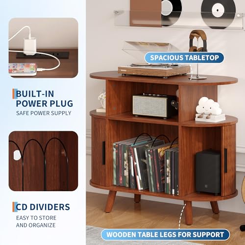 Garvee 35'' Fluted Mid Century Modern Turntable Cabinet, Large Round Record Player Stand with Charging Station and Display Shelf, Arched Wood Record Player Table for Living Room Garvee