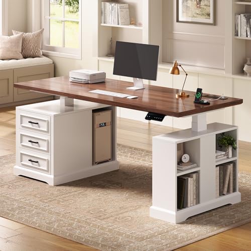 SEDETA Farmhouse Electric Standing Desk, 63" Height Adjustable Computer Desk with 3 Drawers, Storage Shelves, Power Outlets, Wood Home Office Stand up Desk for Work, Study, Writing, White SEDETA