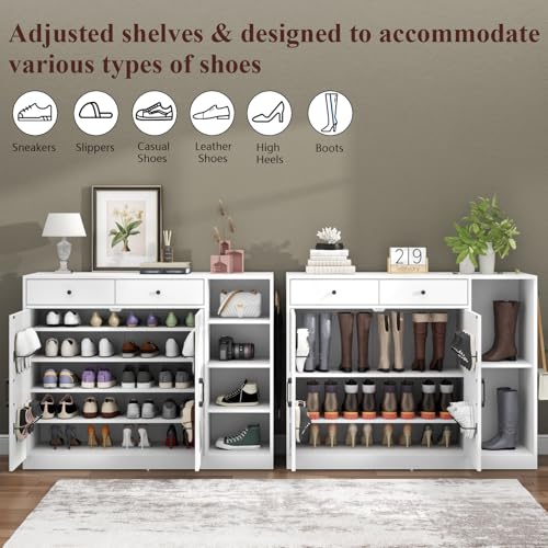 Loomie 5-Tier Shoe Cabinet with 4 Side Cubbies, Farmhouse Shoe Rack Cabinet with 6 Adjustable Shelves & 2 Drawers, Freestanding Shoe Storage Cabinet with 4 Brackets & 2 Hooks for Entryway (White) Loomie
