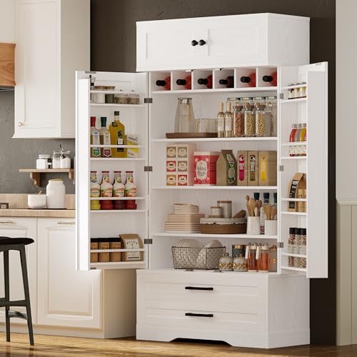 IRONCK Kitchen Pantry 72" Height, with 8 Hanging Shelves, 2 Drawers and Open Storage Cabinet, Freestanding Cupboard for Dining Room Living Room,Industrial White IRONCK