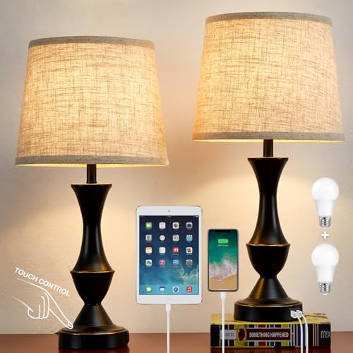 Upgraded Touch Table Lamps Set of 2, 22" Tall Bedside Lamps with USB C+A Ports, 3 Way Dimmable Nightstand Lamps for Bedroom, Living Room, Office, Black Lamps with Beige Lampshade, Bulb Included Luvkczc