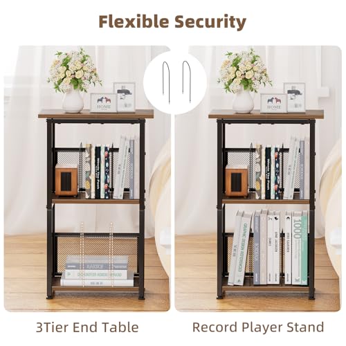 Simple Trending Record Player Stand, 3 Tiers Tall Side Table, Turntable Table with Vinyl Record Storage Up to 200 Albums, Rustic Brown Simple Trending