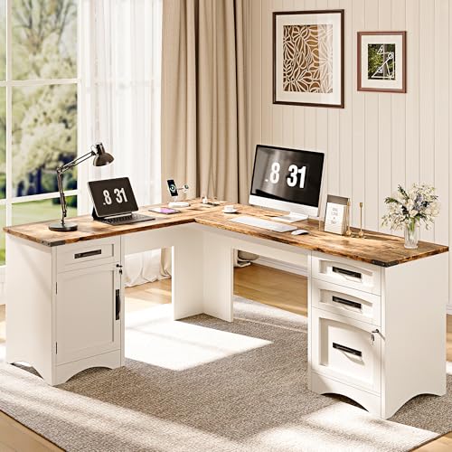Decofy L Shaped Farmhouse Executive Desk with Drawers, 67" Home Office Desks with Fast Charging Station, Lockable File Cabinet, Wood Writing Computer Desk for Work, Study, White Decofy