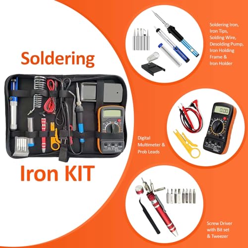Electric Sodering Iron Kit set 110V 60W Adjustable Temperature Soldering Iron Digital Multimeter 5pcs Soldering Tips Solder Wire Stand, Desoldering Pump Tweezers Welding Tool Screwdriver wire stripper daGodtech