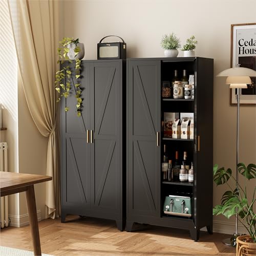 COFaR 61" Metal Pantry Cabinet in Black, Modern Storage Cabinet with Adjustable Shelves, Sturdy Metal Cupboard for Kitchen, Office, Living Room & Bathroom Organization COFaR