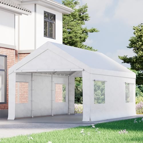 Bezseller 12x20 FT Heavy Duty Carport Canopy with Roll-Up Windows & Doors, Car Tent Portable Garage with All-Season Tarp for Cars, Boat, Trucks, White Bezseller