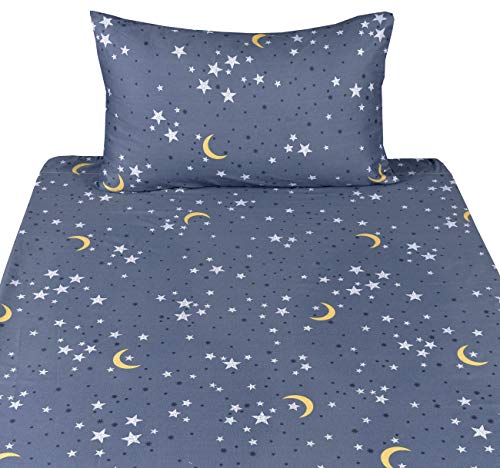 Scientific Sleep Moon & Stars Boys Girls 100% Cotton 3 Pcs Twin Bed Sheet Set Kids Toddler Teen, Flat Sheet & Fitted Sheet & Pillowcase Kids Bedding Set Scientific Sleep