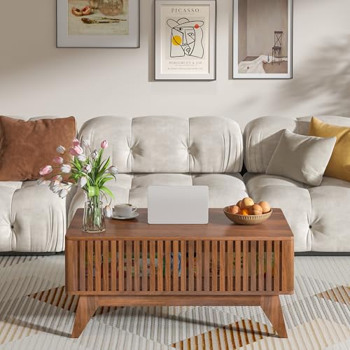 Lift Top Coffee Tables with Hidden Compartment, Mid Century Modern Coffee Table for Living Room, Fluted Design Farmhouse Center Table with Storage (Walnut) Oubayajia