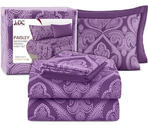 Ultra Soft Wrinkle-Free Microfiber Paisley King Sheet Set, Breathable Boho Bed Sheet Set – 16" Deep Pocket Fitted Sheet, Flat Sheet & 4 Pillowcases, Juegos de Sábanas, OEKO-TEX - Purple LDC LUX DECOR COLLECTION