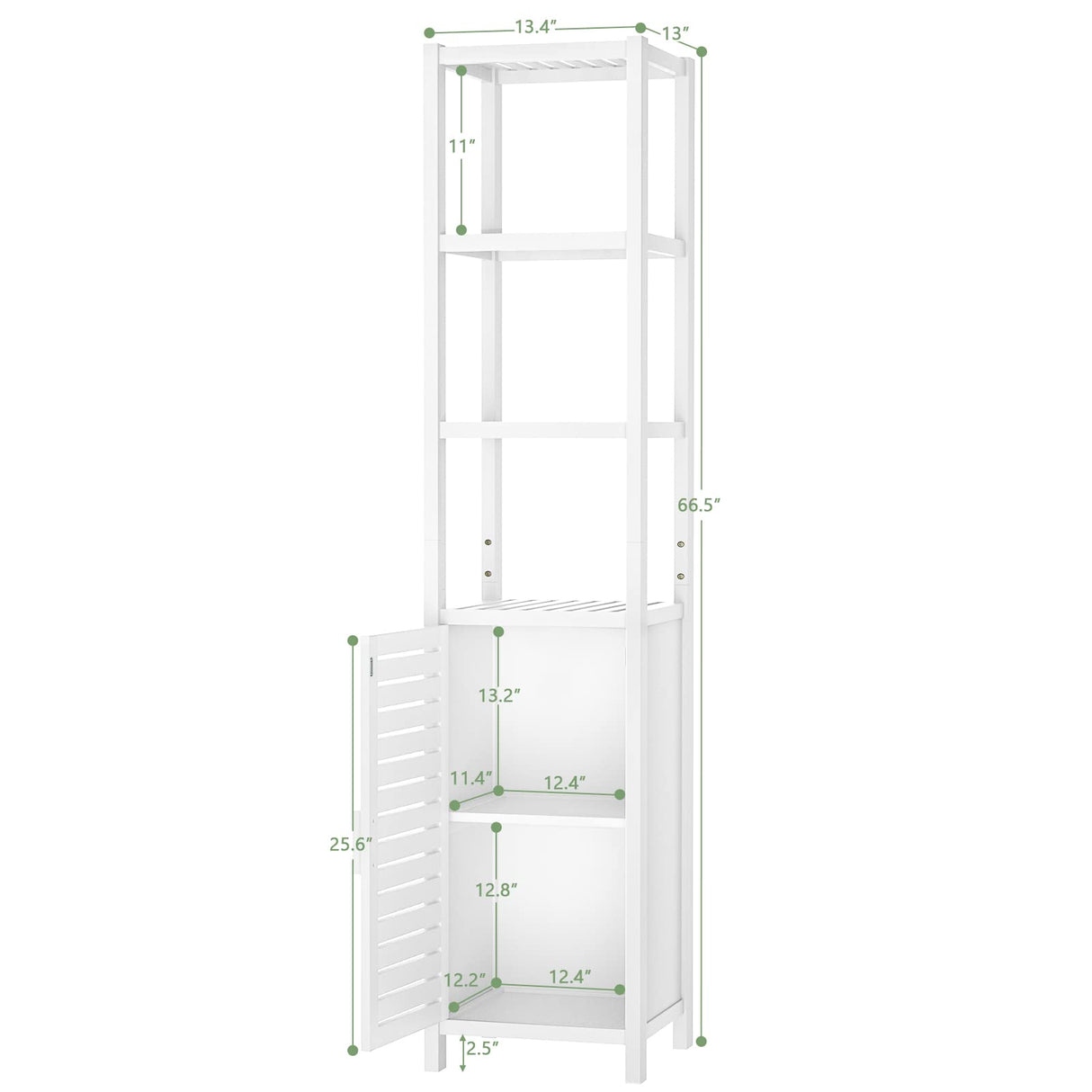 Homykic Bamboo Narrow Bathroom Storage Cabinet, 6-Tier 67 Inch Tall Floor Standing Slim Cabinet Organizer with Shutter Door and Open Shelves for Kitchen, Living Room, Corner, White Homykic