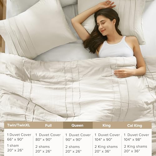 Comfort Spaces Cream Queen Size Duvet Cover Set - 3 Pieces Pintuck Pleated Duvet Cover Queen, All Season Lightweight, Extra Softness Pre-Washed Microfiber Queen Bedding Cover Shams, Full/Queen Comfort Spaces