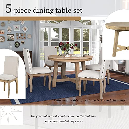 Merax 5-Piece Farmhouse Wooden Round Extendable Dining Table Set with 4 Upholstered Chairs, Family Kitchen Furniture, Natural Wood Wash_5Pcs Merax
