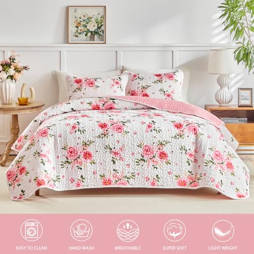 UOZZI BEDDING Floral Quilt Set 2 Pieces Twin Size White Pink Flower Soft Microfiber Lightweight Summer Reversible Coverlet Bedspread for All Season -1 Quilt 88 * 88 + 1 Pillow Sham UOZZI BEDDING