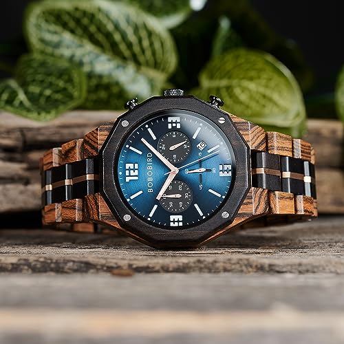 BOBO BIRD Men's Wooden Watch Sport Fashion Wristwatch Casual Chronograph Quartz Watches Men's Wood Stainless Steel Strap Watch with Date Display (Blue) BOBO BIRD