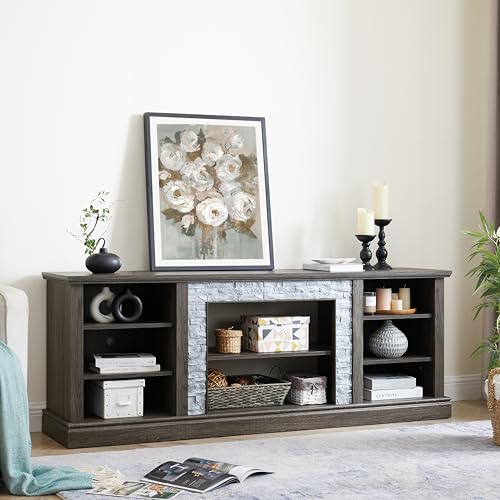 Jenvor TV Stand Large 75 Inch Media Console Table with Faux Stacked Stone Surround, Large Storage Cabinet, 6 Cable Cutouts, Adjustable Shelves, Grey 70.12" W x 15.35" D x 25.83" H Jenvor