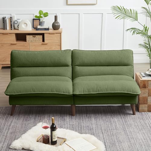 Portaforta 72" Convertible Futon Sofa Bed, Loveseat Sofa, Corduroy Folding Futon Set with Adjustable Backrest &Armrests, Recliner Lounge for Living Room, Apartment or Office, Solid Wood Frame, Green Portaforta