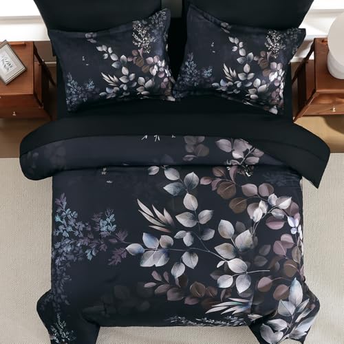 Xruibed Black Comforter Set King Size 7 Pieces Bed in a Bag, Botanical Floral Print Bed Sets, Elegant Flower Comforter with Sheet Set, Soft Microfiber Bedding Set for All Season (Black, 104"x90") Xruibed