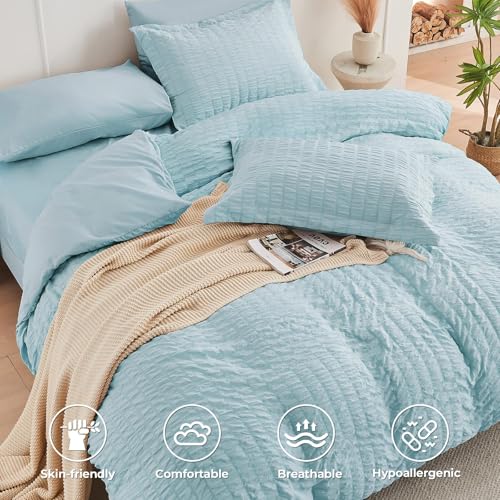 HYMOKEGE Lake Blue Full Size Comforter Sets Seersucker 7 Pieces, All Season Luxury Bed in a Bag for Bedroom, Bedding Set with Comforters, Sheets, Pillowcases & Shams HYMOKEGE