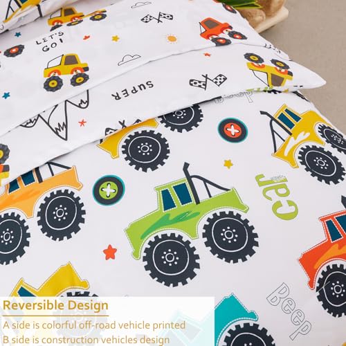 PERFEMET Toddler Bedding Set 4 Pieces Bed Set for Boys All Seasons 1 Deep Pocket Sheet and 1 Lightweight Comforter Soft Cute Colorful Pattern Cozy Children Bedroom Cars White PERFEMET