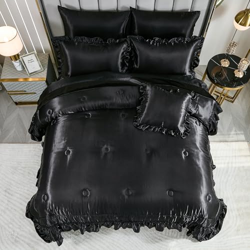 Black Satin Comforter King Size,Ruffle Bedding Set,Silk Like Satin King Comforter Set with Sheets,Silky Black Bedding Bed in a Bag,Soft Smooth Satin Sheets,8 Pcs Ruffled Luxury Comforter Set Bedbay