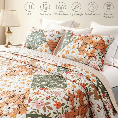 Whale Flotilla Patchwork Quilt Twin Size, Extra Soft Boho Floral Bedspreads for Bed Reversible Lightweight Twin Quilt Bedding Set Printed Coverlets with 1 Pillow Sham for All Seasons, Orange Whale Flotilla
