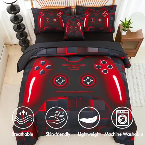 PERFEMET 6-Piece Boys Comforter Set Full Size Game Console Bedding Set for Kids Teen 3D Black and Red Gamepad Gaming Bed in a Bag Matching Sheet Set(Red, Full) PERFEMET