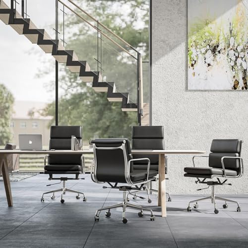 Aekinsly Top Grain Leather Mid-Back Executive Office Chair, Ergonomic Desk Chair with Aluminum Alloy Frame & 5-Star Base, Thick Plush Cushion, Lumbar Support Swivel Chair for Home Office Aekinsly