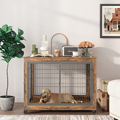 IchbinGo Dog Crate Furniture, Wooden Dog Crate Table, 43.7" Dog Kennel with 3 Doors, Flip-up Top Opening and Wheels, Decorative Pet Crate House for Large/Medium/Small Dog Indoor Use (Rustic Brown) IchbinGo