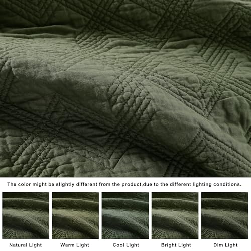 WDCOZY 100% Cotton Queen Size Quilt Set - Olive Green Pre-Washed Soft Lightweight Modern Bedspread, Farmhouse Country Rustic Coverlet, Textured Like Linen, Shabby Chic Gauze Bedding, 3 Pieces WDCOZY