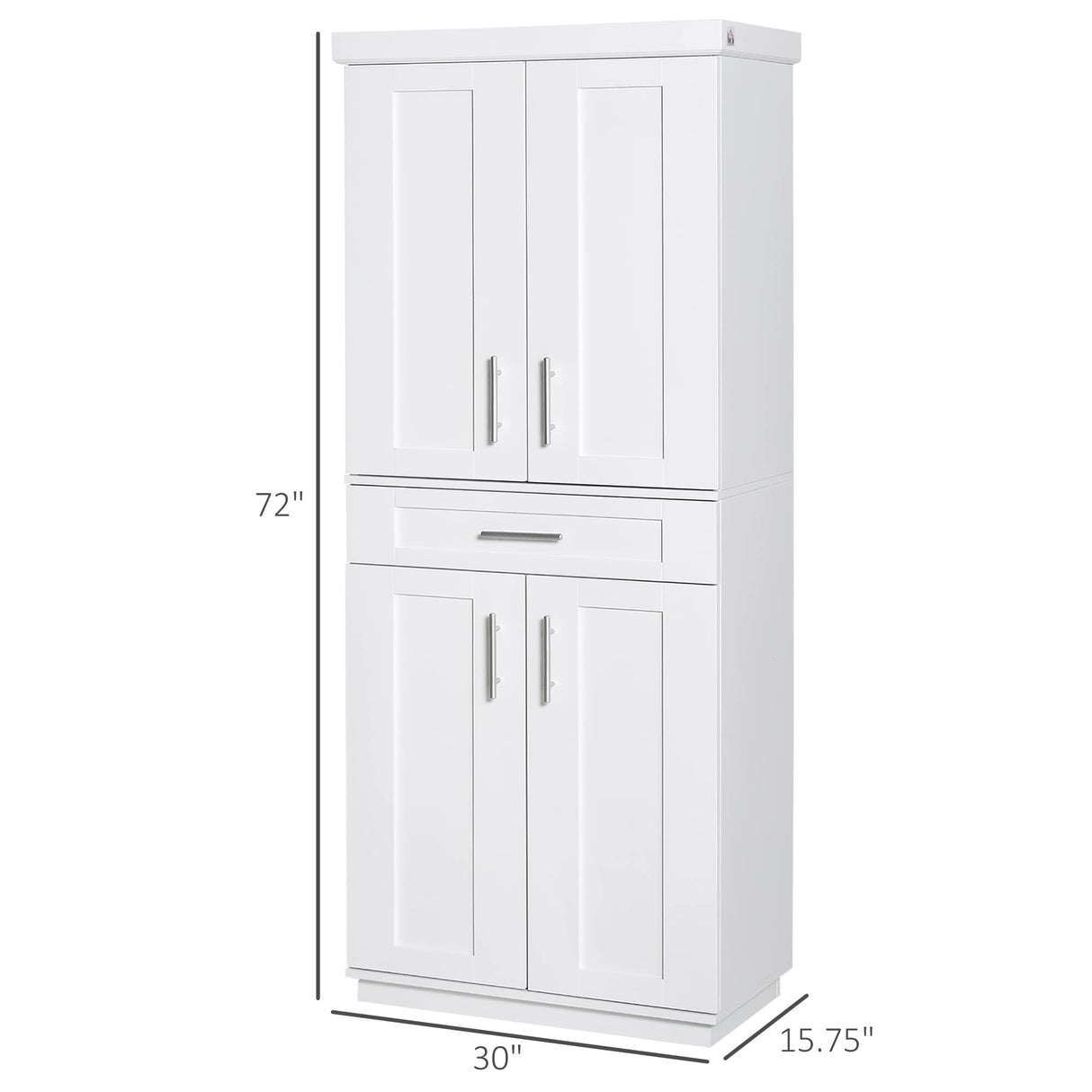 HOMCOM 72" Kitchen Pantry Cabinet, Freestanding Tall Storage Cabinet with 4 Doors, Drawer and 3 Adjustable Shelves for Dining Room, White HOMCOM