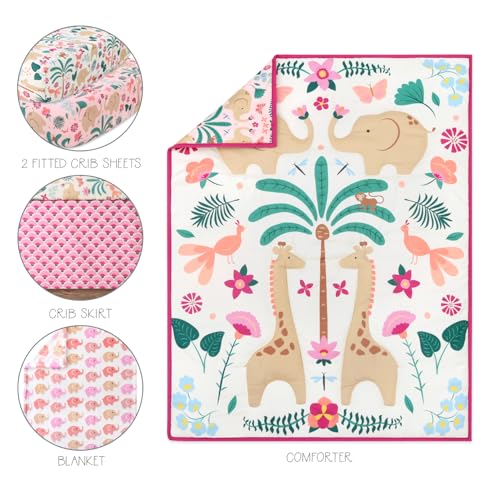 The Peanutshell 5 Piece Baby Crib Bedding Set for Girls - Newborn, Infant & Toddler Nursery Bed Set Decor with Fitted Crib Sheets, Blanket, Dust Ruffle Comforter - Bright Safari The Peanutshell