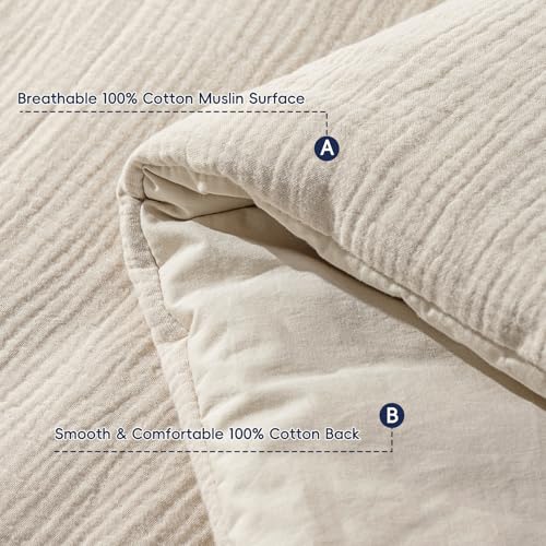 PHF Cotton Muslin Comforter Set Queen – 100% Cotton Cover, Ultra Soft & Breathable, 3PCS Lightweight All-Season Bedding with Polyester Fill, 1 Comforter 90"x90" & 2 Pillow Shams 20"x26", Natural PHF