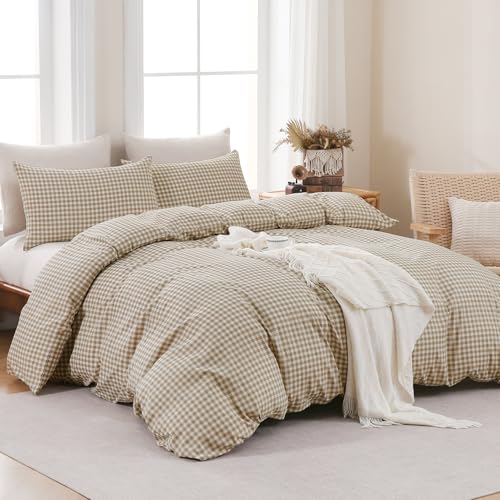 YHJWW Brown Gingham Duvet Cover Bedding Set Prewashed Extra Soft Comfy Breathable 3 Piece Plaid Checkered Grid Vintage Comforter Cover Set Cute Aesthetic (King 104"x90", No Comforter) YHJWW