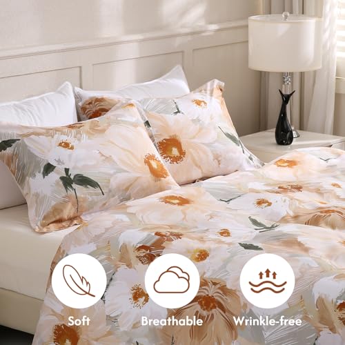 LONAVA Queen Flower 3 Pcs Duvet Cover Set, Breathable Soft Microfiber Biege Lining Comforter Cover with Zipper Closure, and 2 Anti-Pilling, Fade Resistant Pillowcases, Golden Flower LONAVA