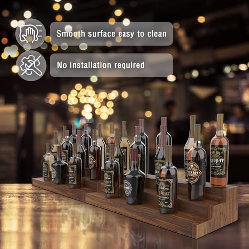 tongmo 2 Pack Liquor Bottle Stand - 3 Tier Liquor Bar Bottle Display Shelf, Holds 42 Bottles, Real Wood, Easy to Clean, No Installation Required - 30 Inch Each (Dark Walnut) tongmo