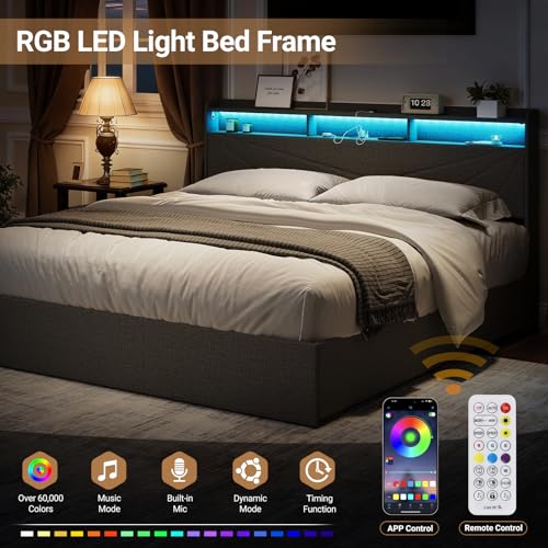 MALOL Bed Frame, King Bed Frame with Headboard & Storage Shelf, Metal Platform Bed Frame with 4 Storage Drawers, Built-in Charging Station, Led Light, Wood Bed Frame, No Box Spring Needed, Grey MALOL