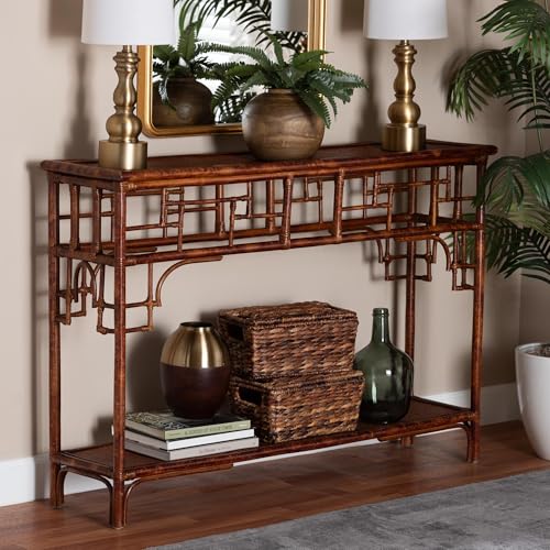 bali & pari Sebalio Tortoise Natural Rattan Console Table with Open Shelf bali & pari