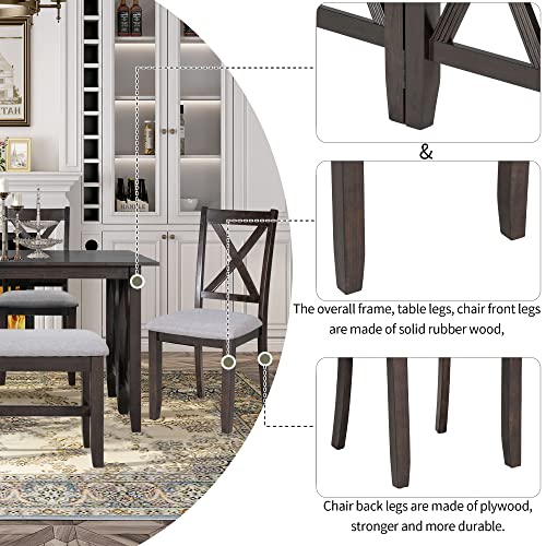 6 Pieces Dining Table Set with Bench, Wood Rectangle Table, 4 Chairs and Bench with Cushion, Kitchen Table Chairs Set for 6 Persons (Espresso) Merax