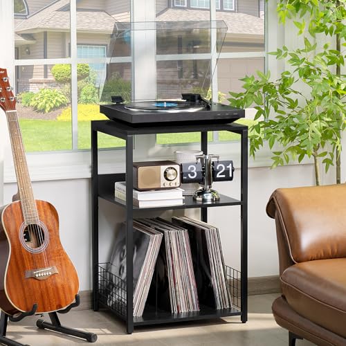 LELELINKY Large Black Record Player Stand, 3 Tier Big End Table with Vinyl Storage Up to 130 Albums, Turntable Stand, Industrial Printer Tables, Modern Side Tables for Living Room, Bedroom, Office LELELINKY