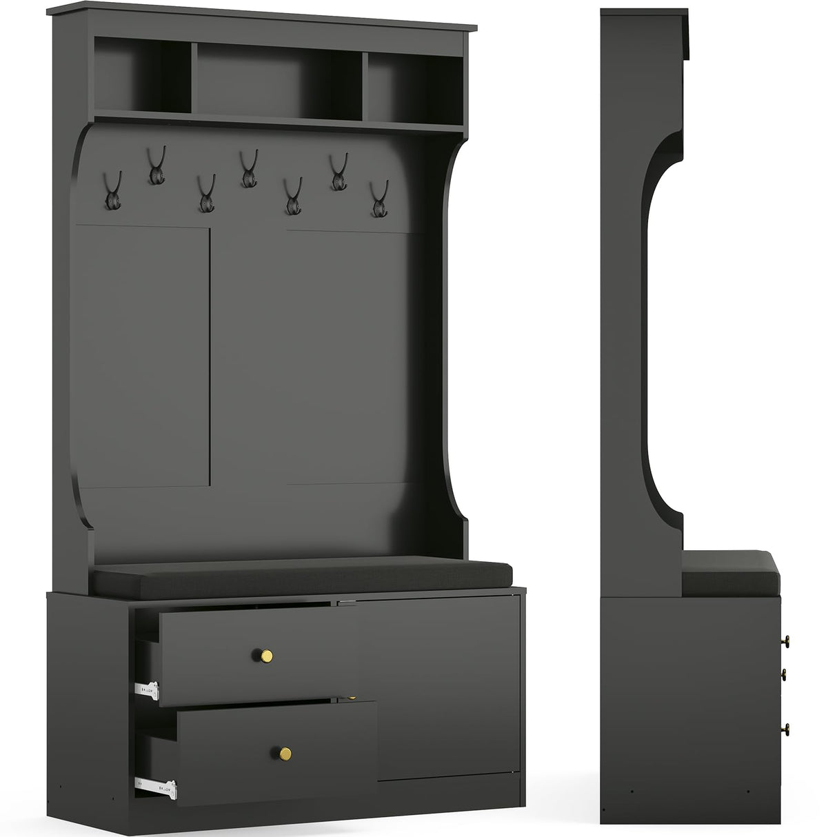 Soohow Hall Tree with Bench and Shoe Storage, Mud Room Bench with Storage and Seating, Hall Tree with Shoe Storage with 7 Hooks, 6-in-1 Farmhouse Hall Tree with Bench for Entryway, 70.9", Black Soohow