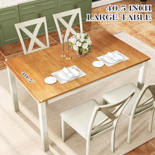 YUMPIE 7-Piece Farmhouse Dining Table Set for 6 People, 60" Wood Dining Kitchen Table & Chairs Set, Kitchen Table with 6 Upholstered Chairs, Perfect for Restaurant, Brown & White YUMPIE