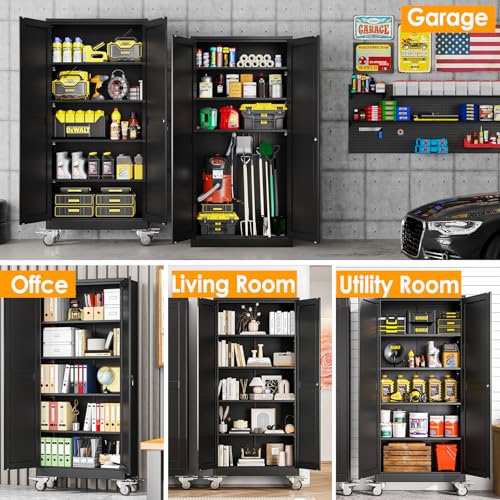 PAOFIN 71''H Tall Metal Garage Storage Cabinet with Wheels,Steel File Cabinets with 2 Doors and 4 Adjustable Shelves for Home Office, Warehouse, Required Assembly,Black PAOFIN