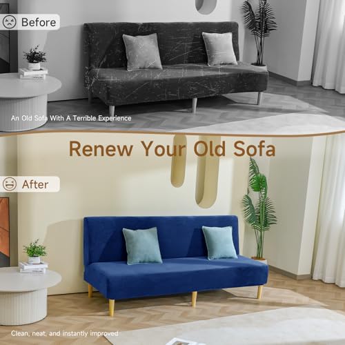 XIAROGEE Armless Futon Cover Velvet Futon Slipcover Soft Stretch Couch Covers with No Arm Sofa Bed Cover with Non-Slip Thick Plush Furniture Protector Washable Couch Slipcovers for Living Room(Navy) XIAROGEE
